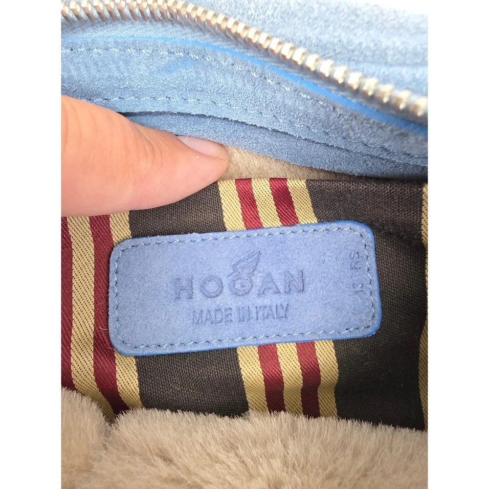 Hogan Blue Suede Shearling Trim Wristlet Clutch Bag Made in Italy